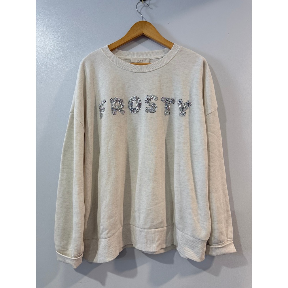 Loft Womens XL Frosty Sequin Sweatshirt Oatmeal Heather Fleece Pullover Holiday